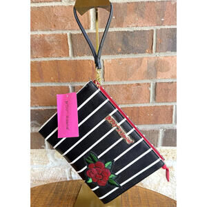 Betsey Johnson LARGE Sequin ROSE Wristlet Clutch Tech BAG Pouch Strap 8.5x10x2.5